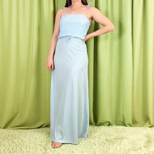 70s Vintage Baby Blue Micro Pleated Maxi Dress with Adjustable Tie Straps